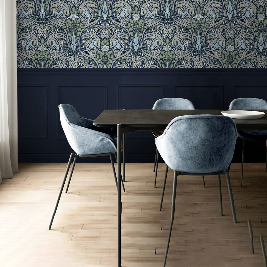 NextWall Peel & Stick Bird Ogee Navy & Fern Green Wallpaper OnlineFabricStore