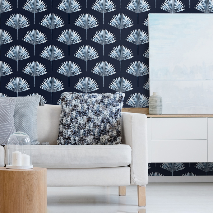 NextWall Peel &amp; Stick Tropical Fan Palm Navy Blue Wallpaper image 2 of 5