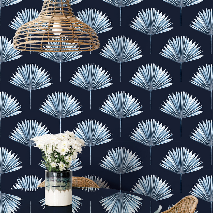 NextWall Peel &amp; Stick Tropical Fan Palm Navy Blue Wallpaper image 3 of 5