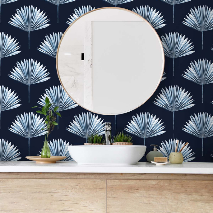 NextWall Peel &amp; Stick Tropical Fan Palm Navy Blue Wallpaper image 4 of 5