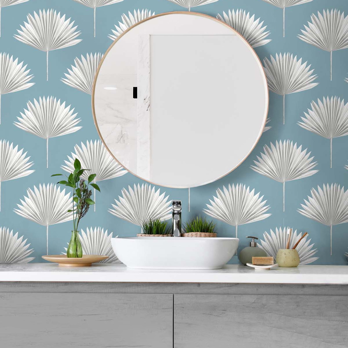 NextWall Peel &amp; Stick Tropical Fan Palm Blue Patina Wallpaper image 3 of 5
