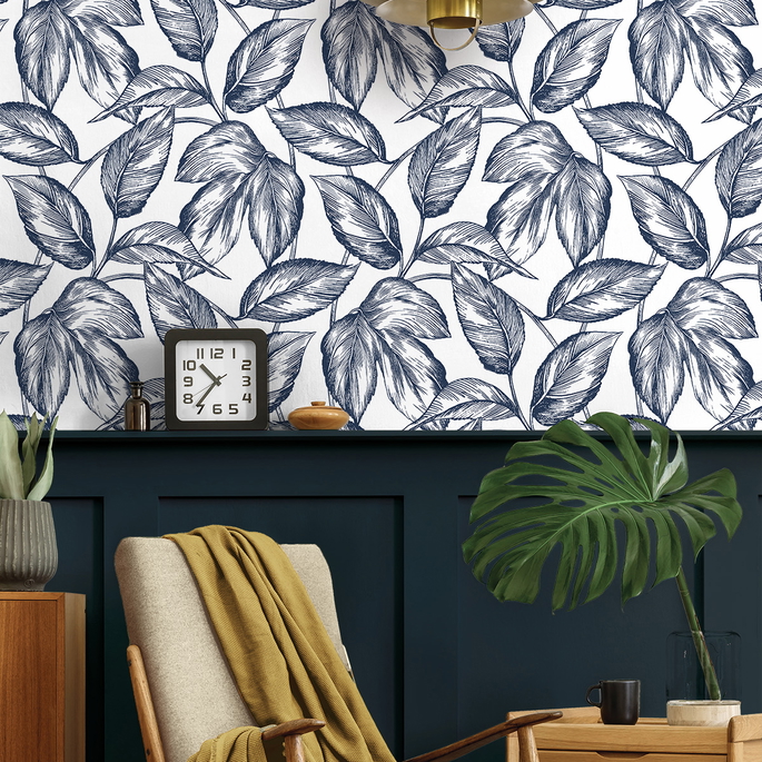 NextWall Peel &amp; Stick Sketched Leaves Navy Blue Wallpaper image 2 of 5