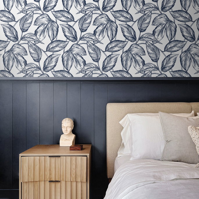 NextWall Peel &amp; Stick Sketched Leaves Navy Blue Wallpaper image 4 of 5