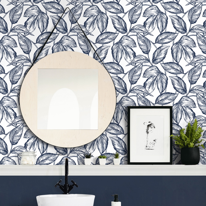 NextWall Peel &amp; Stick Sketched Leaves Navy Blue Wallpaper image 5 of 5