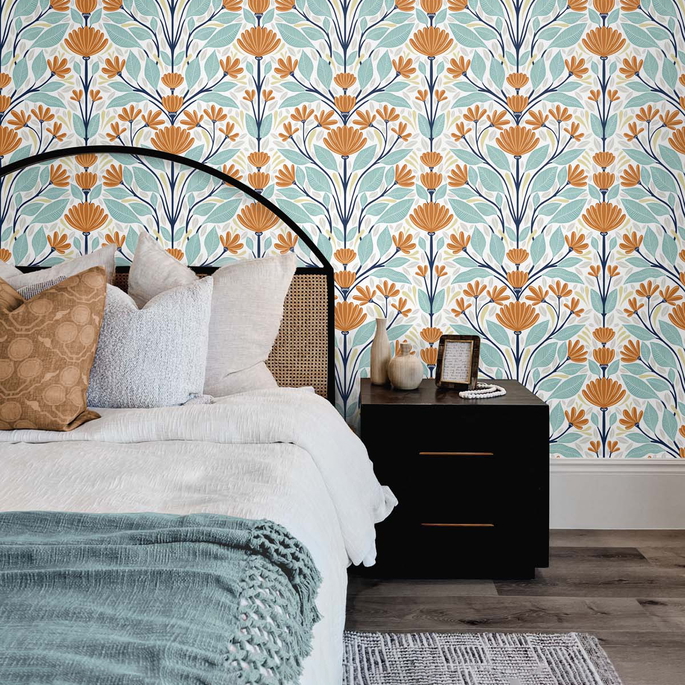 NextWall Peel &amp; Stick Folk Floral Verdigris &amp; Orange Wallpaper image 2 of 5