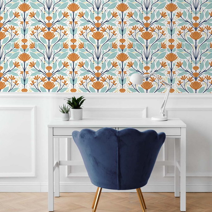 NextWall Peel &amp; Stick Folk Floral Verdigris &amp; Orange Wallpaper image 4 of 5
