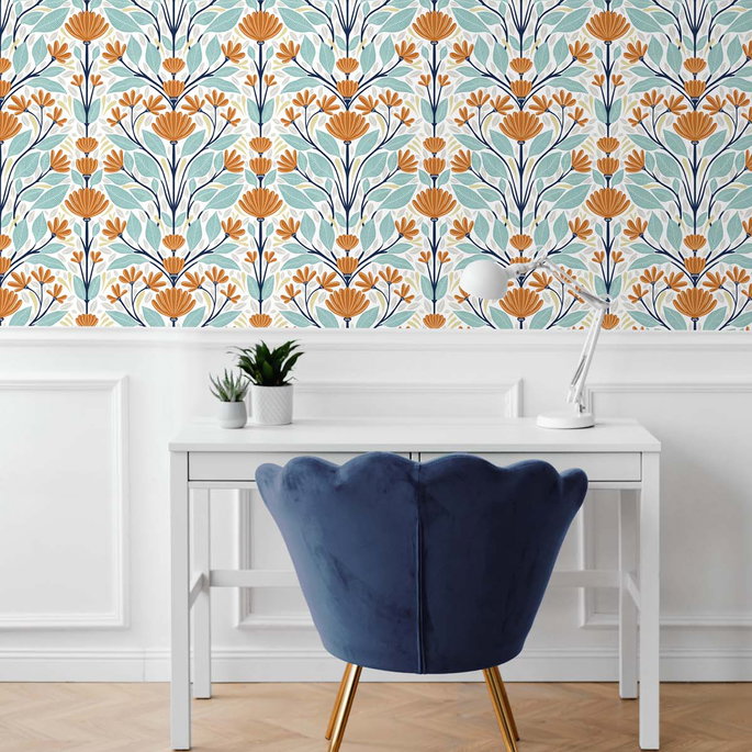 NextWall Peel &amp; Stick Folk Floral Verdigris &amp; Orange Wallpaper image 4 of 5