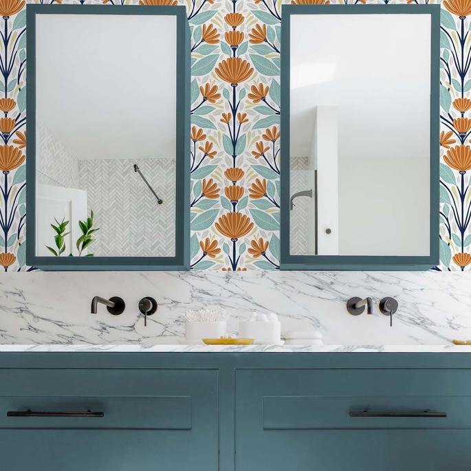 NextWall Peel &amp; Stick Folk Floral Verdigris &amp; Orange Wallpaper image 5 of 5