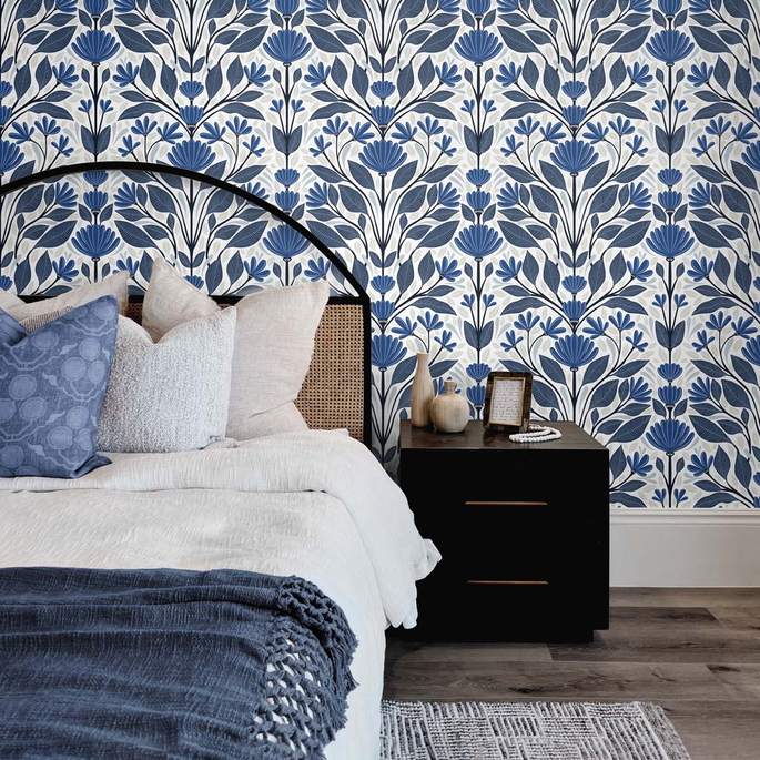 NextWall Peel &amp; Stick Folk Floral Blue Sapphire &amp; Pavestone Wallpaper image 2 of 5