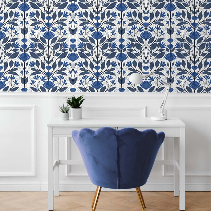 NextWall Peel &amp; Stick Folk Floral Blue Sapphire &amp; Pavestone Wallpaper image 4 of 5