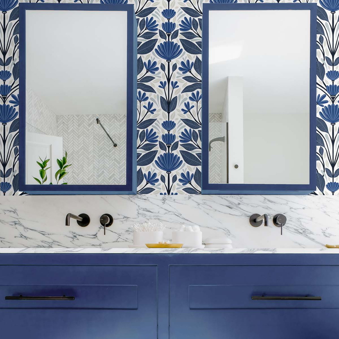 NextWall Peel &amp; Stick Folk Floral Blue Sapphire &amp; Pavestone Wallpaper image 5 of 5
