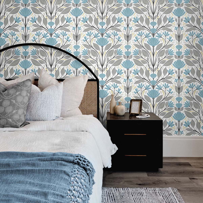 NextWall Peel &amp; Stick Folk Floral Blue Patina &amp; Wheat Wallpaper image 2 of 5