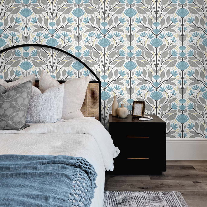 NextWall Peel &amp; Stick Folk Floral Blue Patina &amp; Wheat Wallpaper image 2 of 5