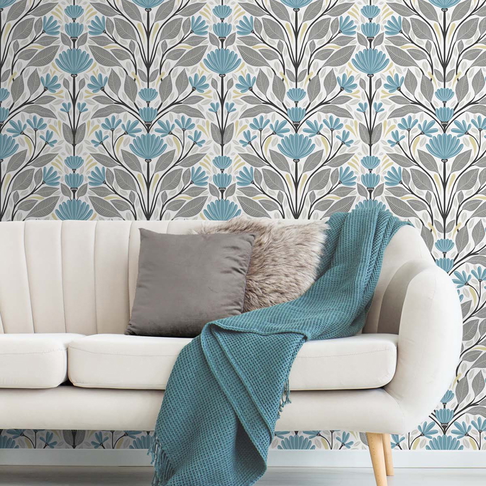 NextWall Peel &amp; Stick Folk Floral Blue Patina &amp; Wheat Wallpaper image 3 of 5