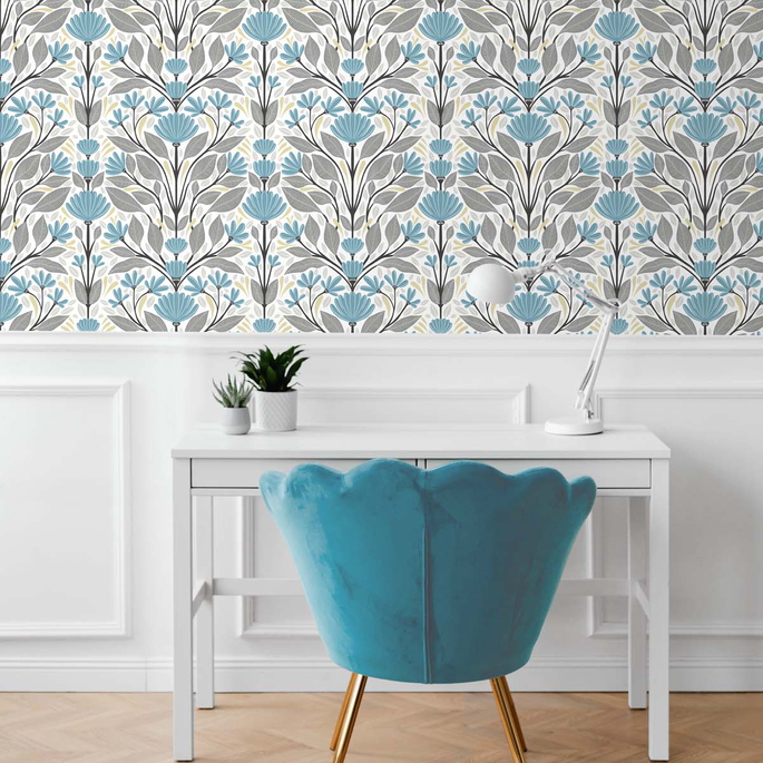 NextWall Peel &amp; Stick Folk Floral Blue Patina &amp; Wheat Wallpaper image 4 of 5