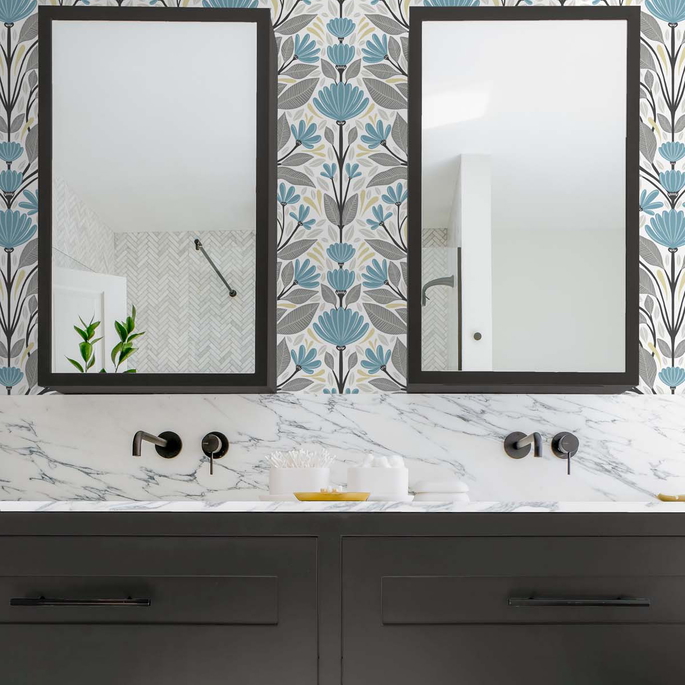 NextWall Peel &amp; Stick Folk Floral Blue Patina &amp; Wheat Wallpaper image 5 of 5