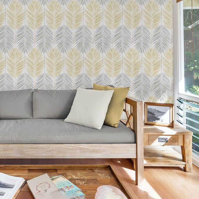 NextWall Peel &amp; Stick Two Toned Palm Wheat &amp; Daydream Grey Wallpaper image 5 of 5