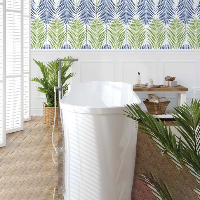 NextWall Peel &amp; Stick Two Toned Palm Coastal Blue &amp; Fern Green Wallpaper image 2 of 5