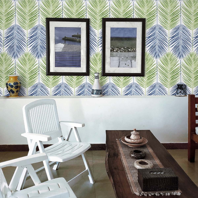 NextWall Peel &amp; Stick Two Toned Palm Coastal Blue &amp; Fern Green Wallpaper image 4 of 5