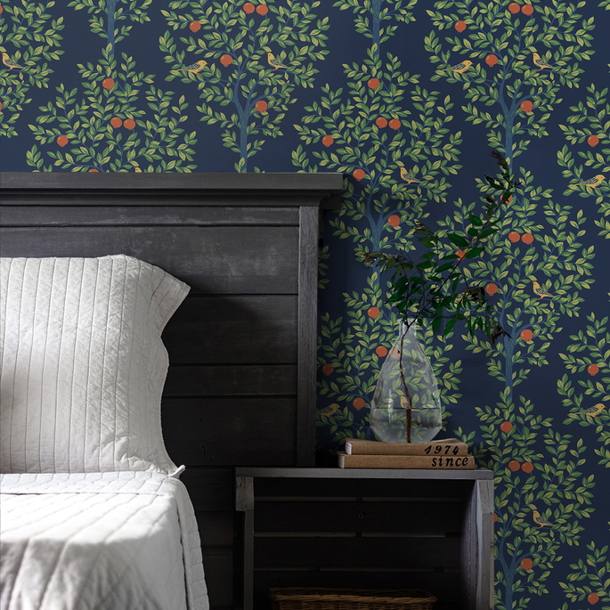 NextWall Peel &amp; Stick Fruit Tree Navy Blue &amp; Greenery Wallpaper image 2 of 5
