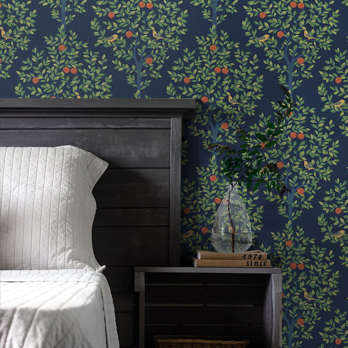NextWall Peel &amp; Stick Fruit Tree Navy Blue &amp; Greenery Wallpaper image 2 of 5