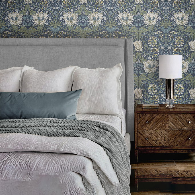 NextWall Peel &amp; Stick Ogee Flora Indigo Dye &amp; Sage Wallpaper image 4 of 5