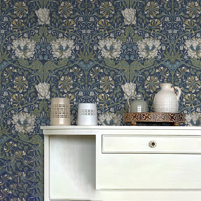 NextWall Peel &amp; Stick Ogee Flora Indigo Dye &amp; Sage Wallpaper image 5 of 5