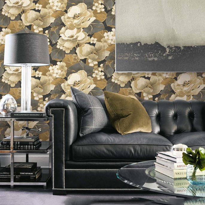 NextWall Peel &amp; Stick Nouveau Floral Ebony &amp; Antique Gold Wallpaper image 2 of 5
