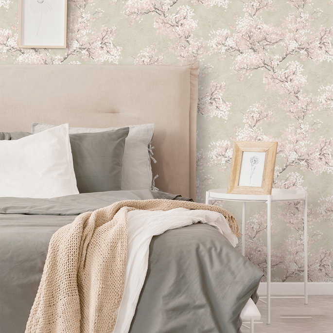 NextWall Peel &amp; Stick Cherry Blossom Grove Parchment &amp; Rose Wallpaper image 2 of 5