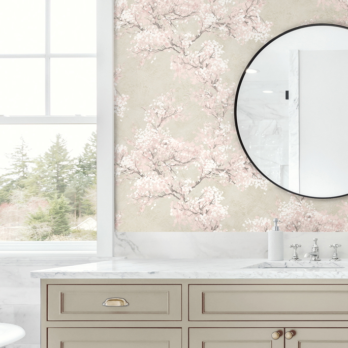 NextWall Peel &amp; Stick Cherry Blossom Grove Parchment &amp; Rose Wallpaper image 3 of 5