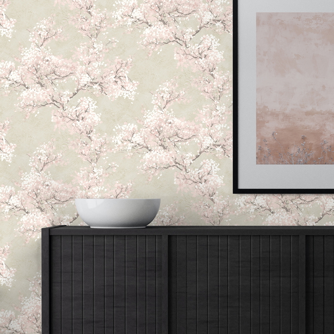 NextWall Peel &amp; Stick Cherry Blossom Grove Parchment &amp; Rose Wallpaper image 5 of 5