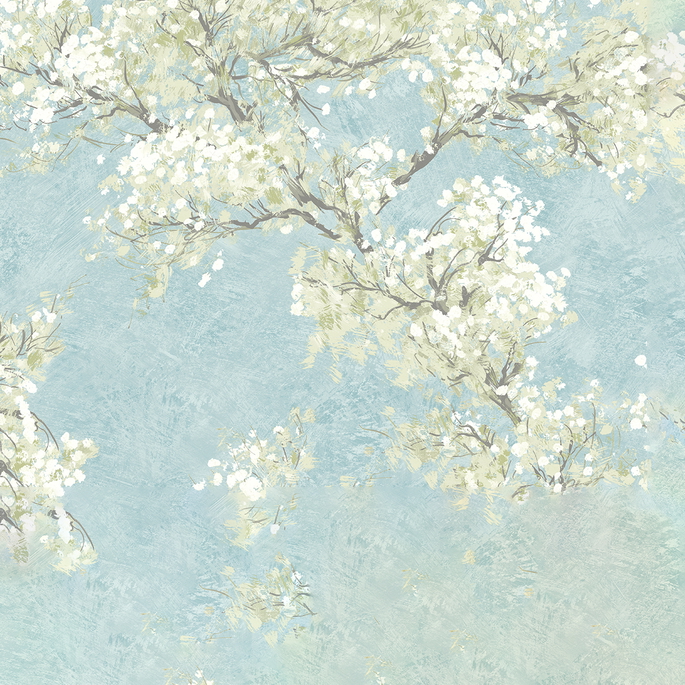 NextWall Peel &amp; Stick Cherry Blossom Grove Blue Mist &amp; Green Tea Wallpaper image 1 of 5