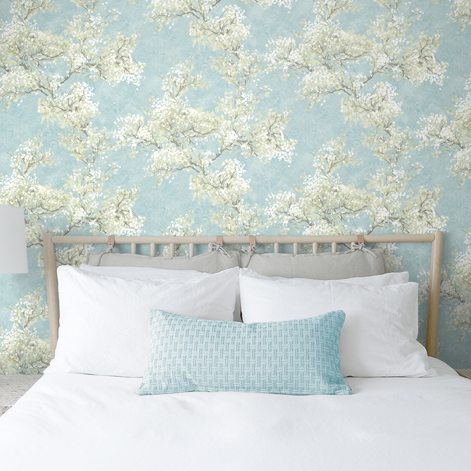 NextWall Peel &amp; Stick Cherry Blossom Grove Blue Mist &amp; Green Tea Wallpaper image 2 of 5