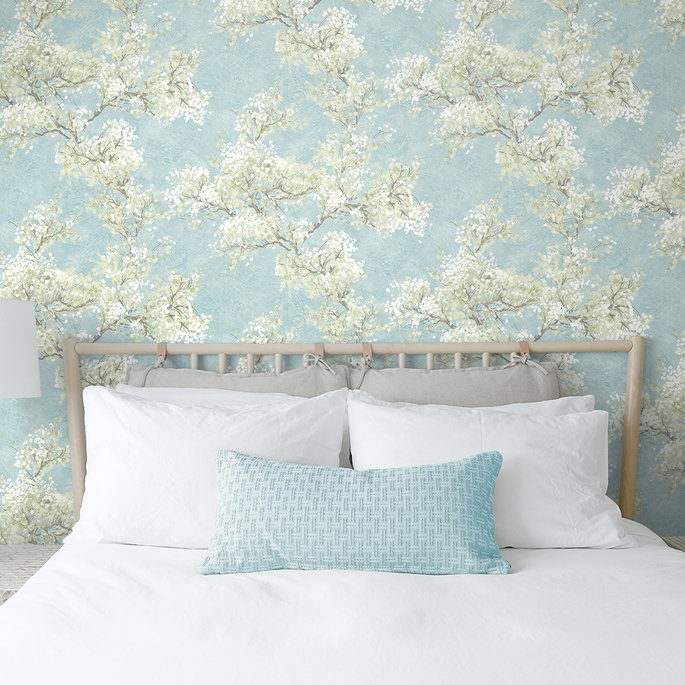 NextWall Peel &amp; Stick Cherry Blossom Grove Blue Mist &amp; Green Tea Wallpaper image 2 of 5