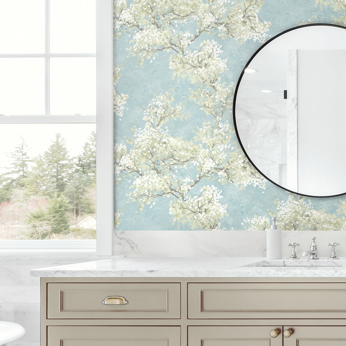 NextWall Peel &amp; Stick Cherry Blossom Grove Blue Mist &amp; Green Tea Wallpaper image 3 of 5