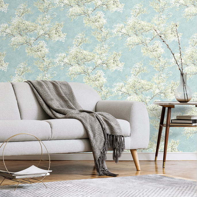 NextWall Peel &amp; Stick Cherry Blossom Grove Blue Mist &amp; Green Tea Wallpaper image 5 of 5