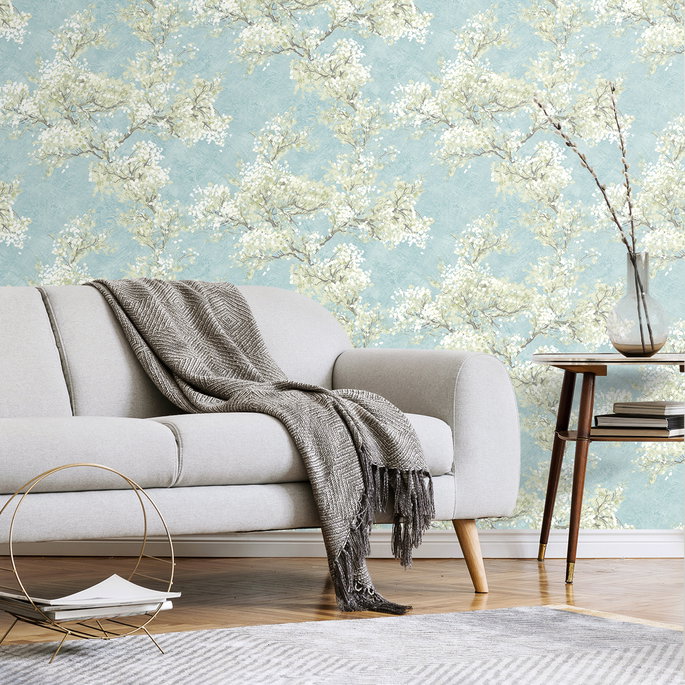 NextWall Peel &amp; Stick Cherry Blossom Grove Blue Mist &amp; Green Tea Wallpaper image 5 of 5
