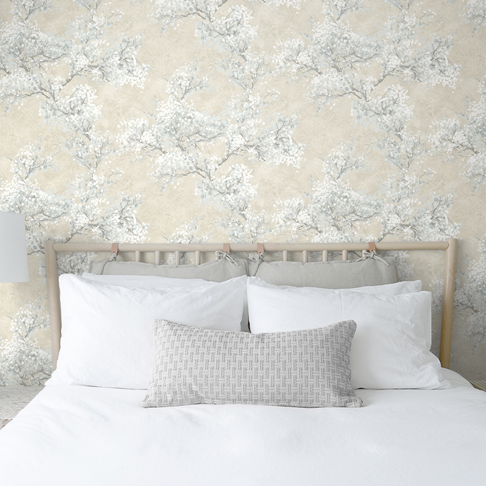NextWall Peel &amp; Stick Cherry Blossom Grove Parchment &amp; Morning Fog Wallpaper image 2 of 5