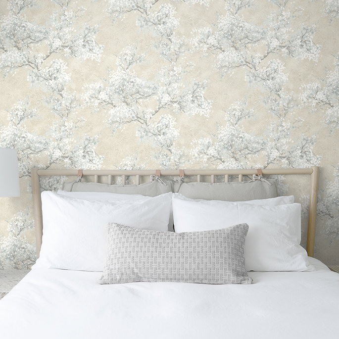 NextWall Peel &amp; Stick Cherry Blossom Grove Parchment &amp; Morning Fog Wallpaper image 2 of 5