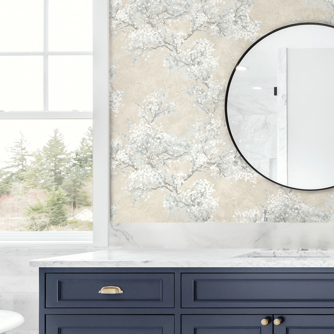 NextWall Peel &amp; Stick Cherry Blossom Grove Parchment &amp; Morning Fog Wallpaper image 3 of 5