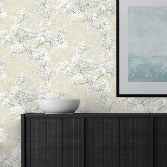 NextWall Peel &amp; Stick Cherry Blossom Grove Parchment &amp; Morning Fog Wallpaper image 4 of 5