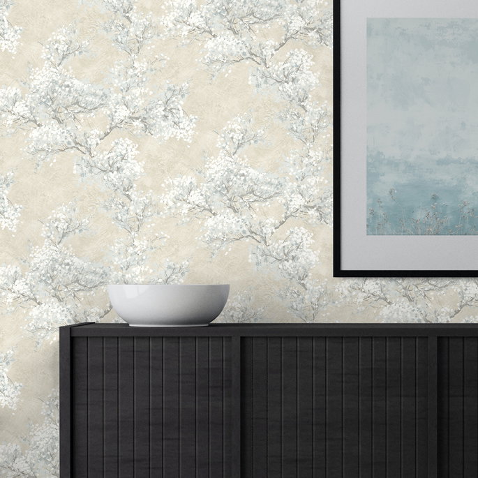NextWall Peel &amp; Stick Cherry Blossom Grove Parchment &amp; Morning Fog Wallpaper image 4 of 5