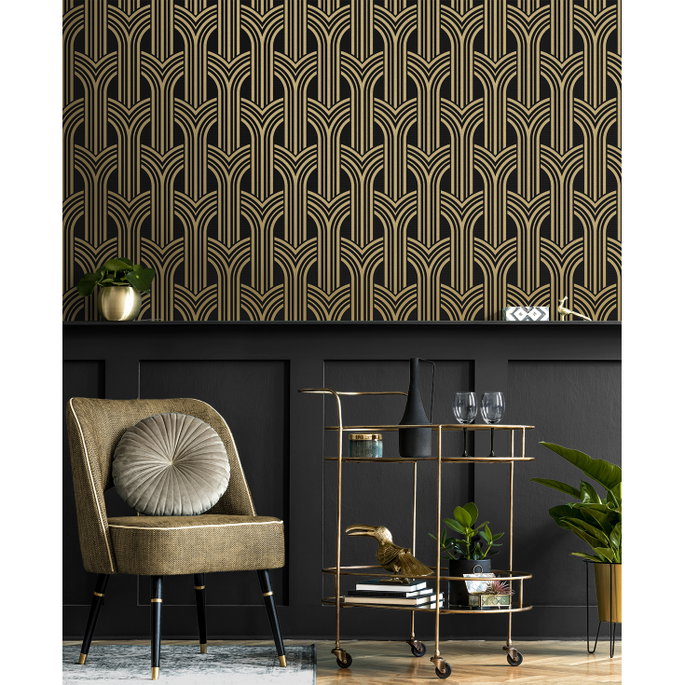 NextWall Peel &amp; Stick Deco Geometric Arches Ebony &amp; Metallic Gold Wallpaper image 2 of 5