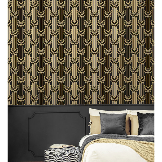 NextWall Peel &amp; Stick Deco Geometric Arches Ebony &amp; Metallic Gold Wallpaper image 3 of 5