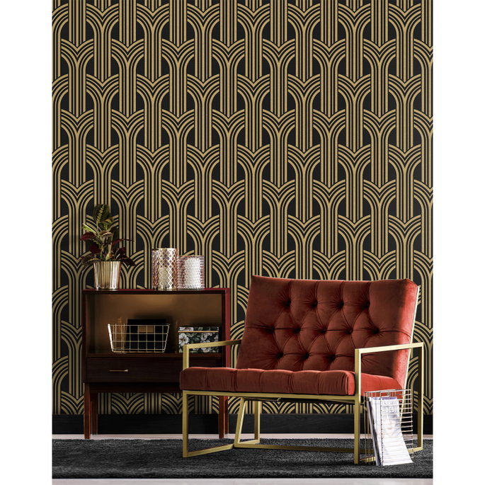 NextWall Peel &amp; Stick Deco Geometric Arches Ebony &amp; Metallic Gold Wallpaper image 4 of 5