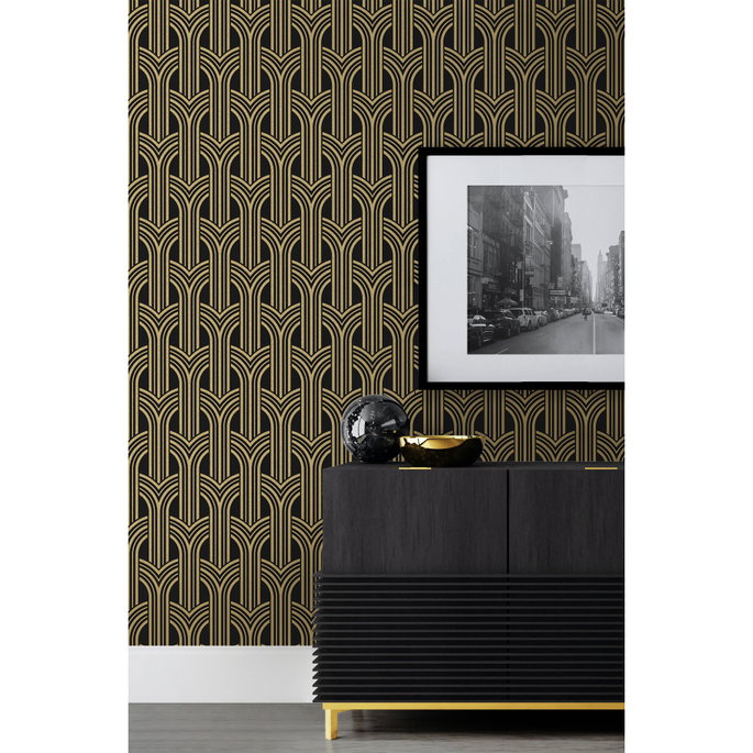 NextWall Peel &amp; Stick Deco Geometric Arches Ebony &amp; Metallic Gold Wallpaper image 5 of 5