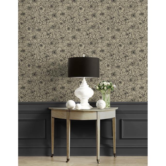 NextWall Peel &amp; Stick Ellie Graphic Floral Gold Shimmer &amp; Ebony Wallpaper image 2 of 5