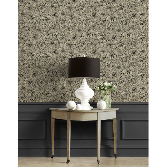 NextWall Peel &amp; Stick Ellie Graphic Floral Gold Shimmer &amp; Ebony Wallpaper image 2 of 5