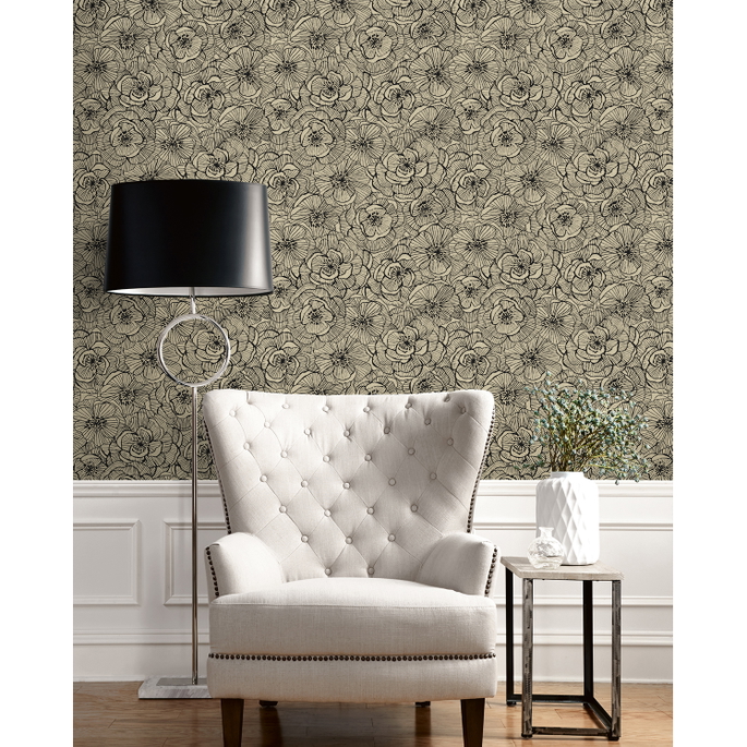 NextWall Peel &amp; Stick Ellie Graphic Floral Gold Shimmer &amp; Ebony Wallpaper image 3 of 5