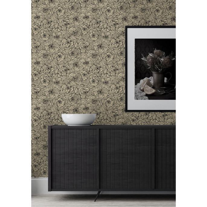 NextWall Peel &amp; Stick Ellie Graphic Floral Gold Shimmer &amp; Ebony Wallpaper image 5 of 5